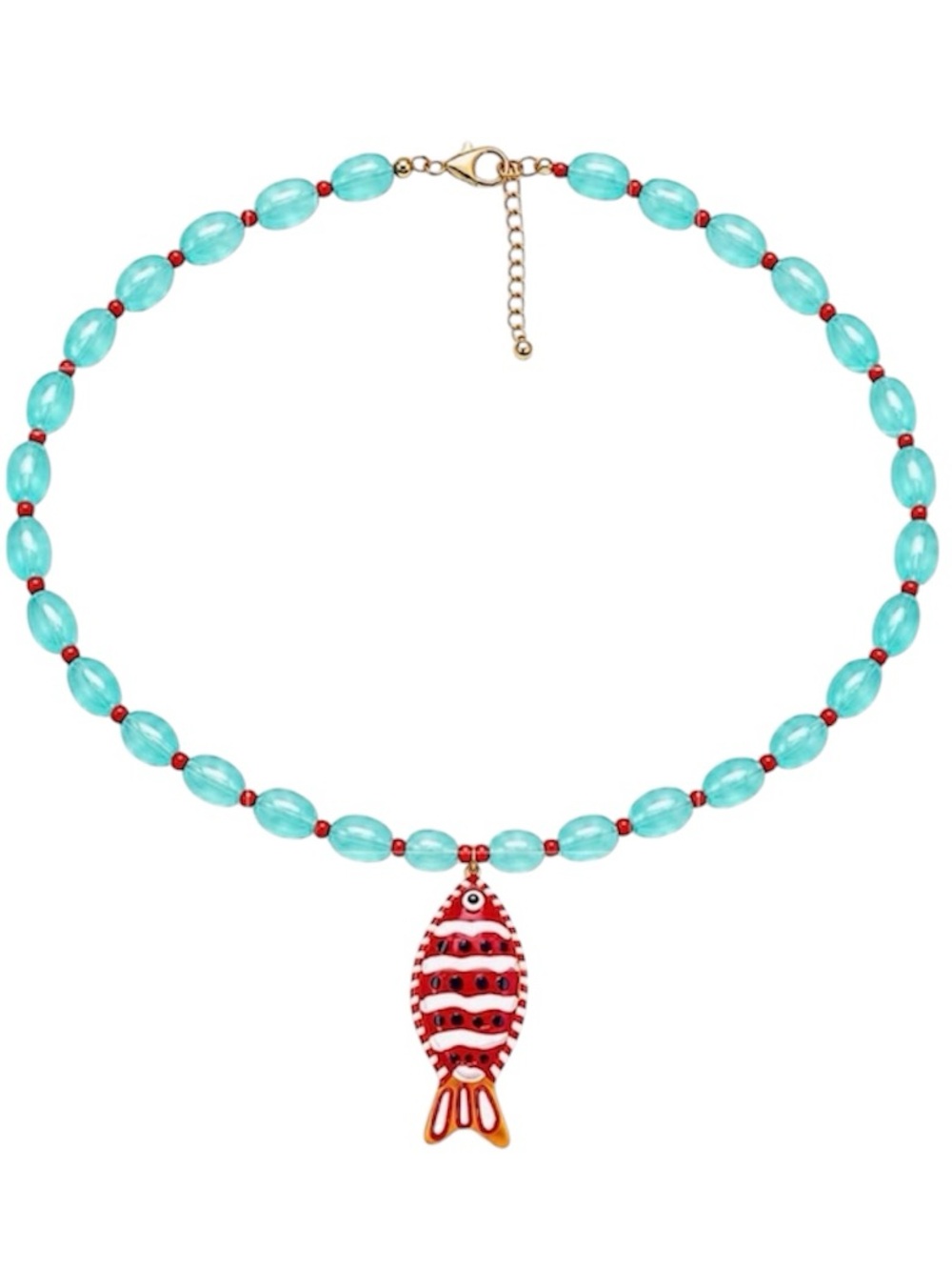 NEW Blue Turquoise tone & Red Fish Pendant Beaded Necklace